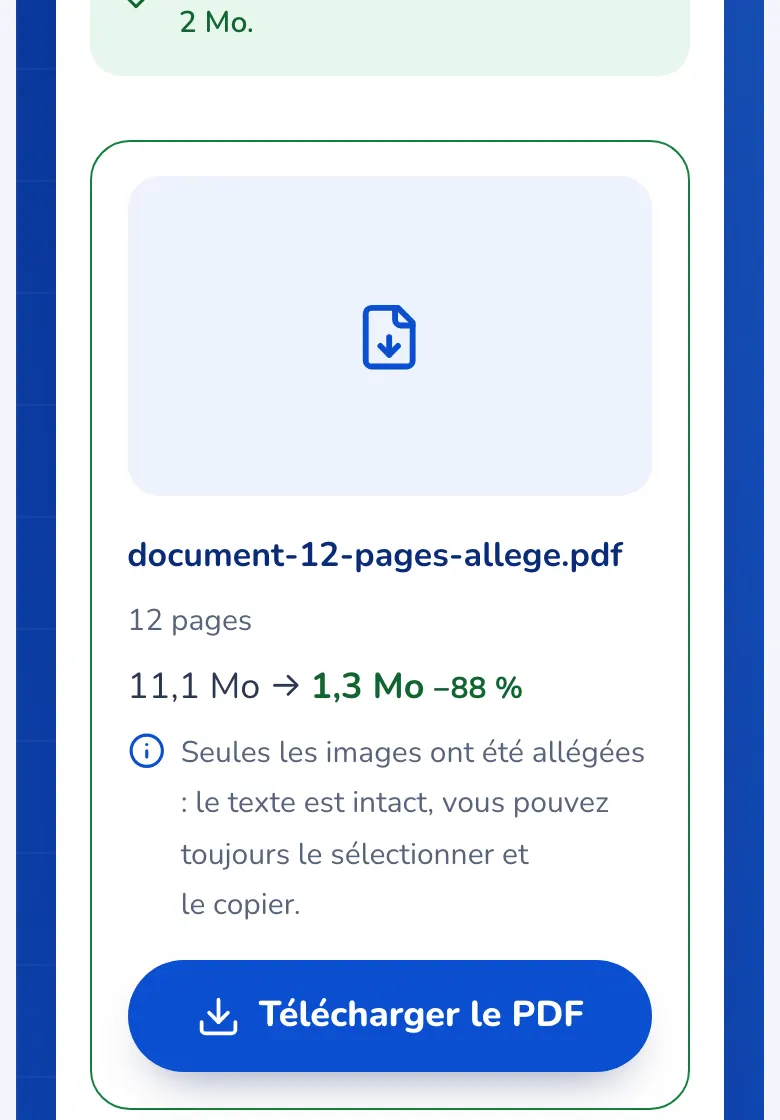 La carte de résultat avec le poids avant et après et le bouton Télécharger