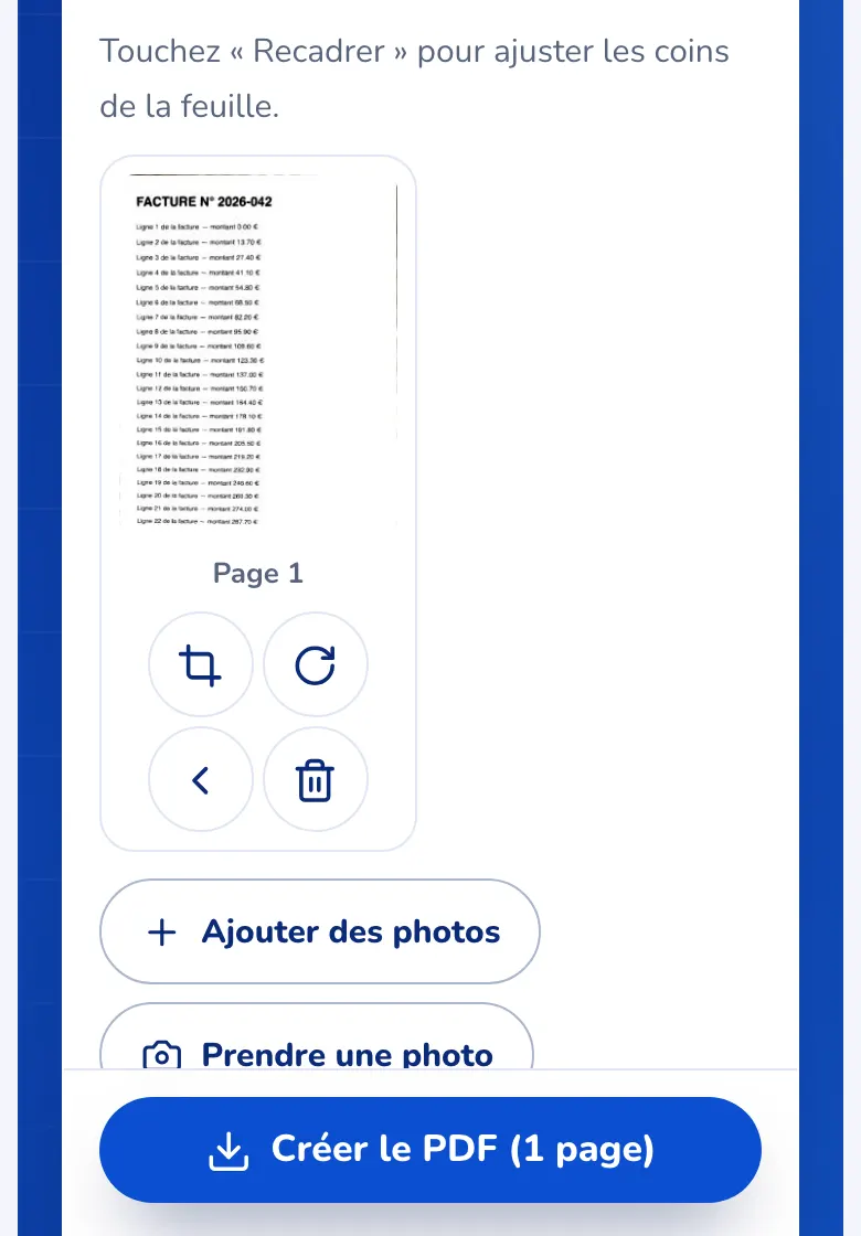 L’aperçu de la page redressée et le bouton pour créer le PDF